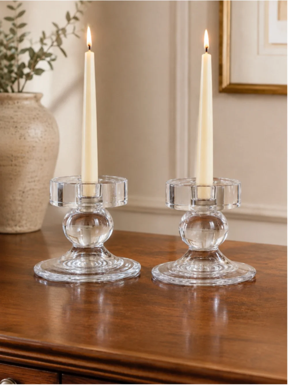 Set of 2 Reversible Clear Glass Pillar & Taper Candle Holders